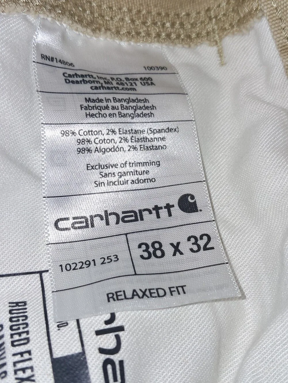 Carhartt Rugged Flex Mens 38x32 Relaxed Fit Canvas Work Pants. BN2291-M Tan